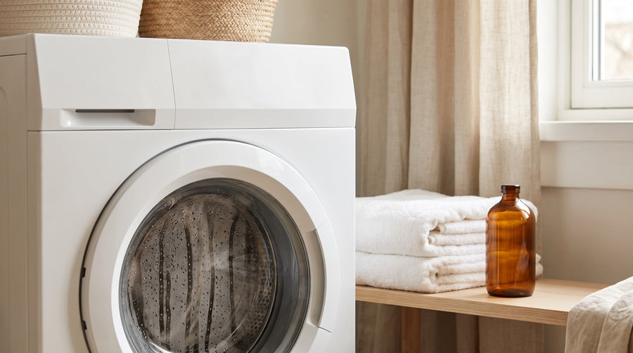 The glass door of a white front-load washing machine with condensation, beside folded white towels