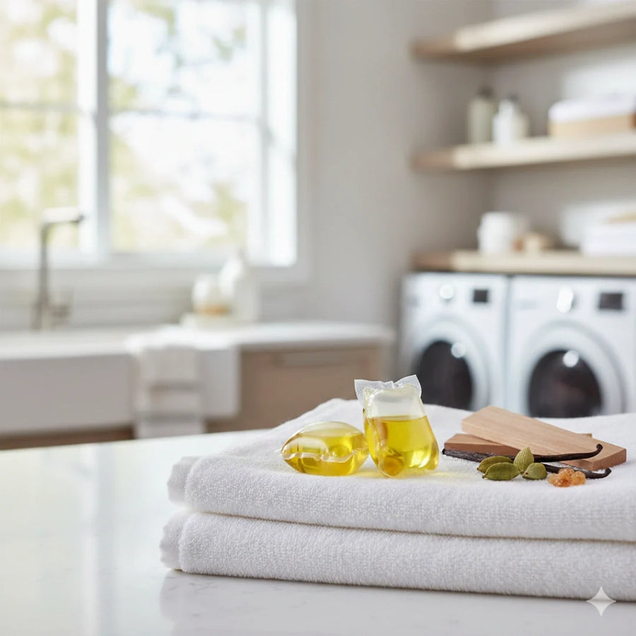 Scent Wash pods in a bright laundry room