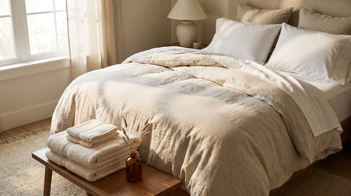 A freshly made bed in white cotton sheets with a stack of folded towels in morning light