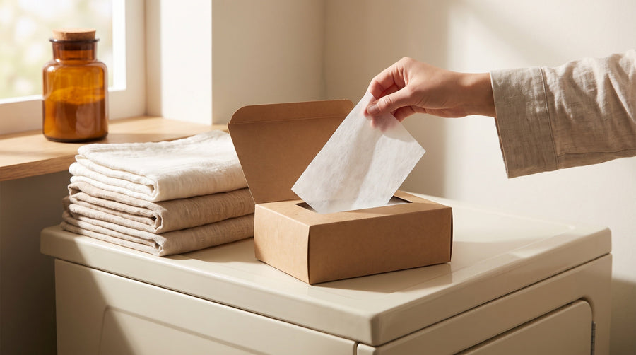 A dryer sheet being lifted from a kraft paper box on top of a dryer beside folded towels