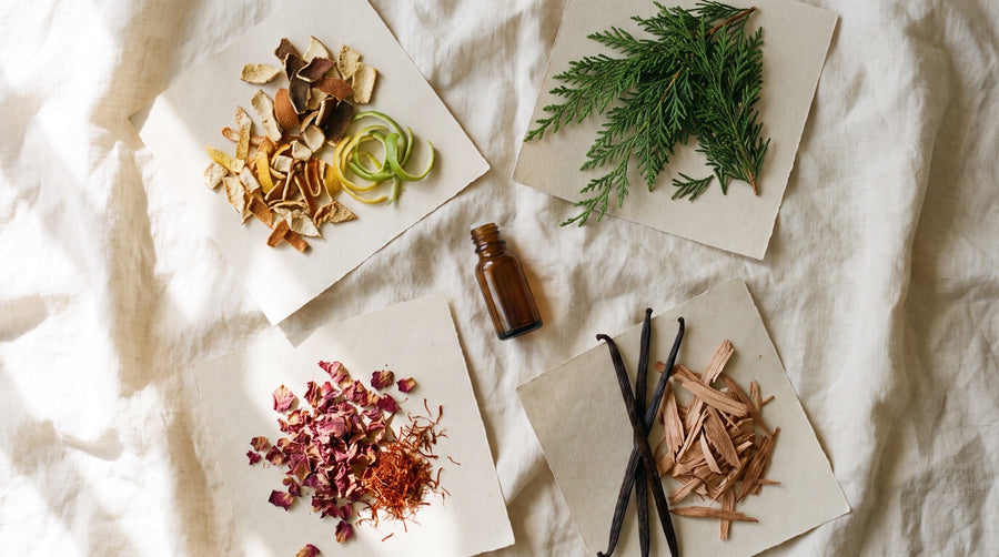 Citrus peel, cypress sprigs, rose petals with saffron, and vanilla pods with cedar laid out on linen