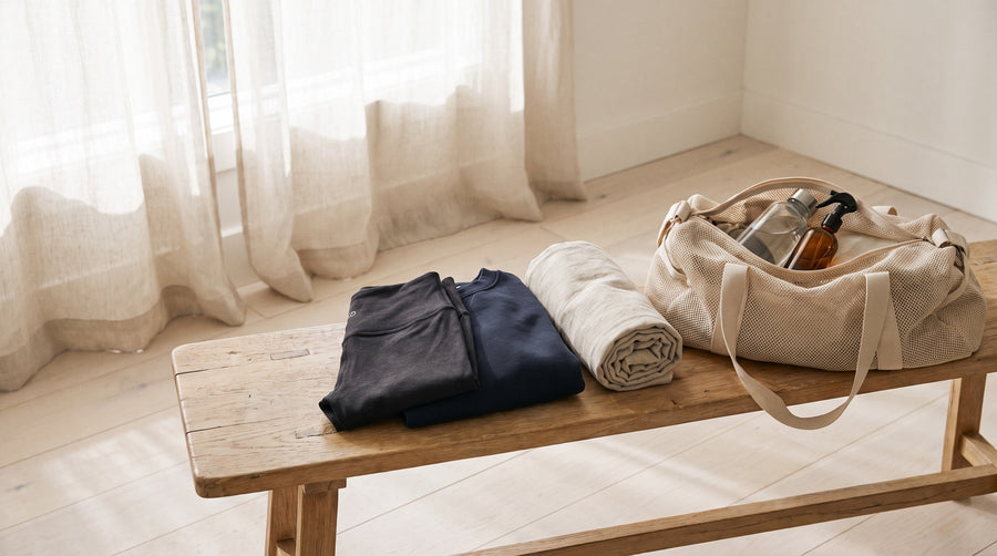 Folded athletic clothing, a rolled towel and an open gym bag on a wooden bench