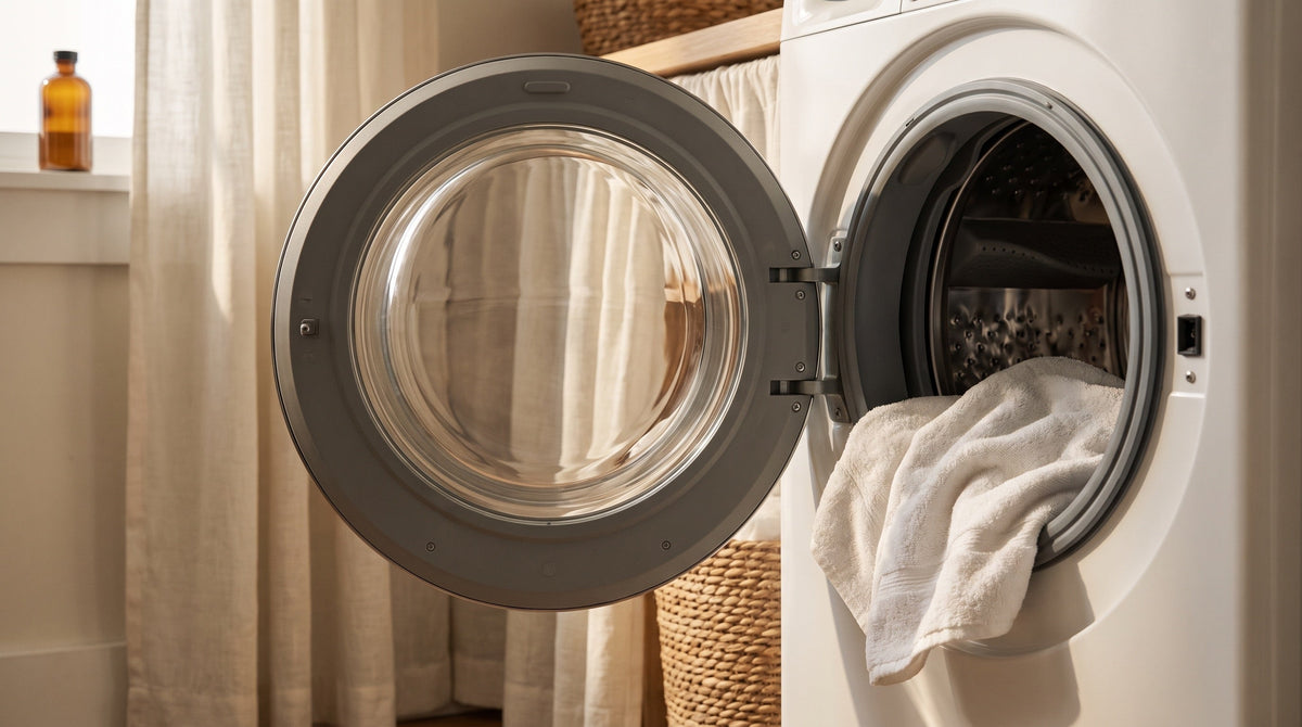 The open door and rubber gasket of a front-load washing machine with a damp towel on the drum