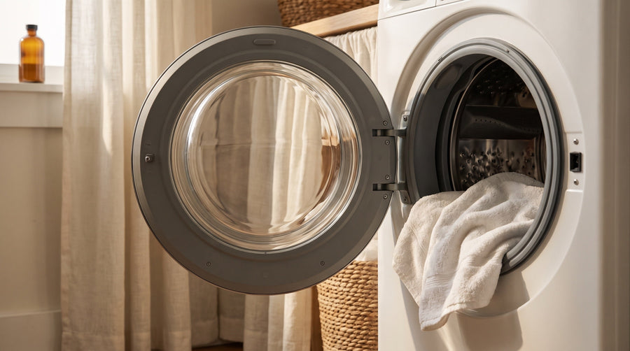The open door and rubber gasket of a front-load washing machine with a damp towel on the drum