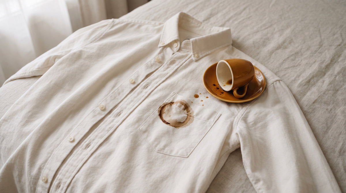 A white cotton shirt laid flat with a fresh coffee stain and an overturned cup beside it
