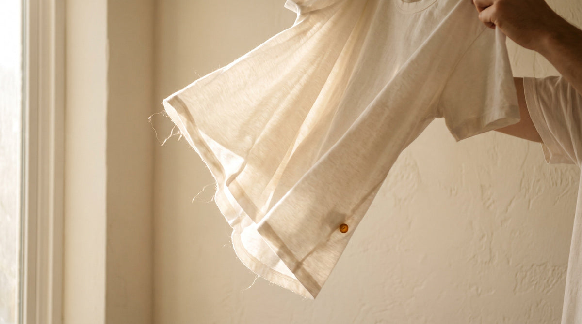 Two cotton garments being pulled apart in the air, fabric clinging with static