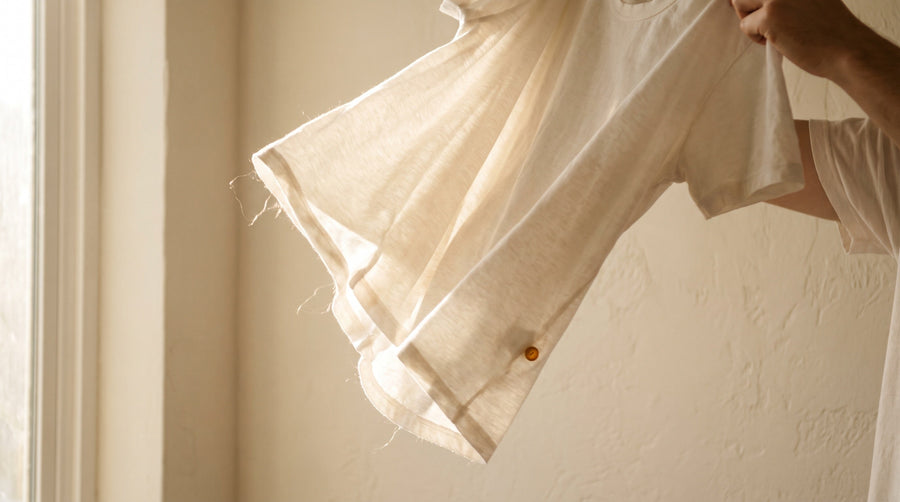 Two cotton garments being pulled apart in the air, fabric clinging with static