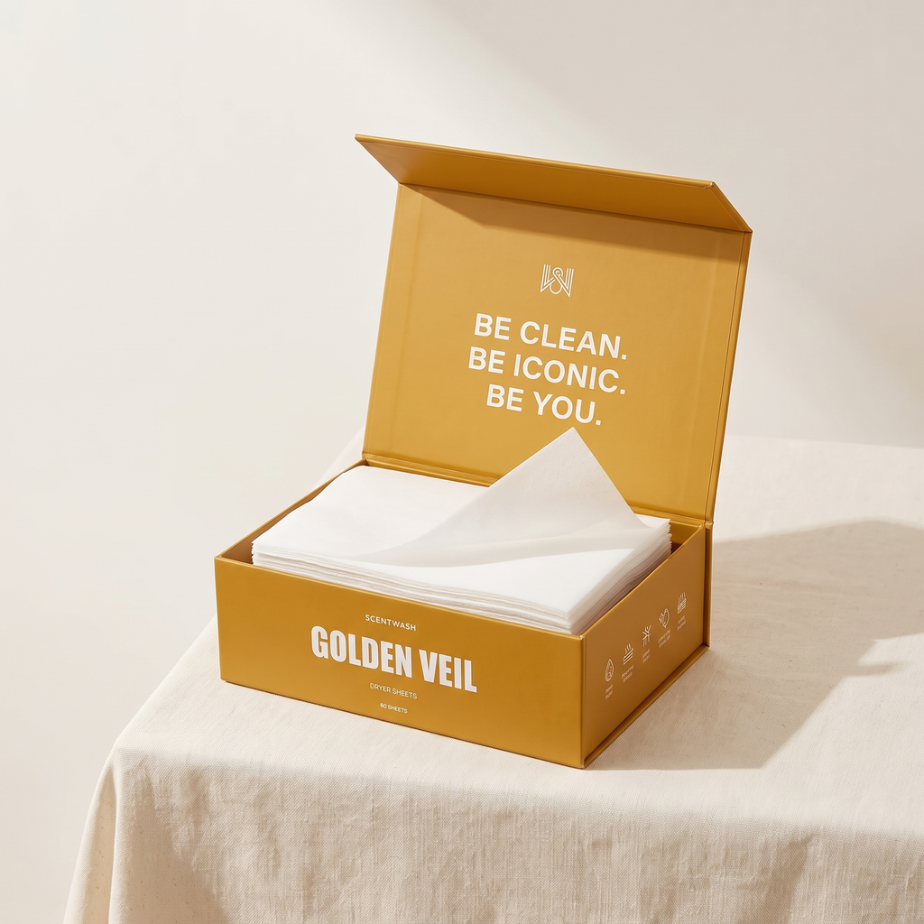 Golden Veil dryer sheets box, open, on linen