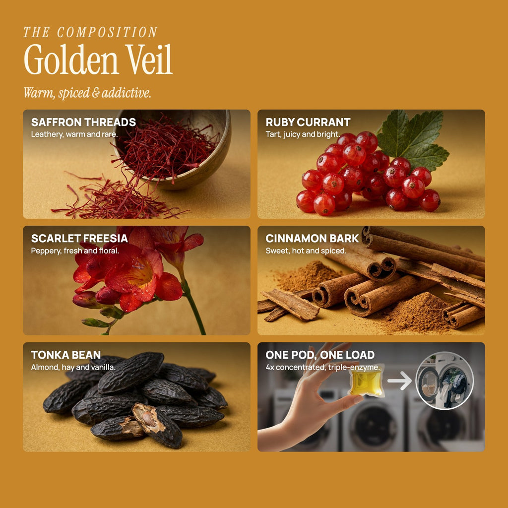 Golden Veil composition: saffron, ruby currant, freesia, cinnamon bark, tonka bean