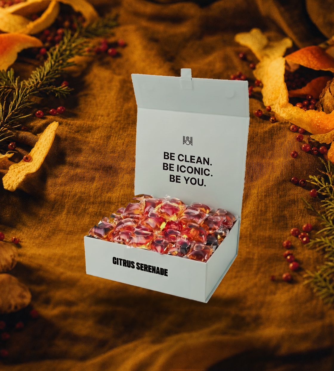 An open Citrus Serenade box of Scent Wash pods by candlelight