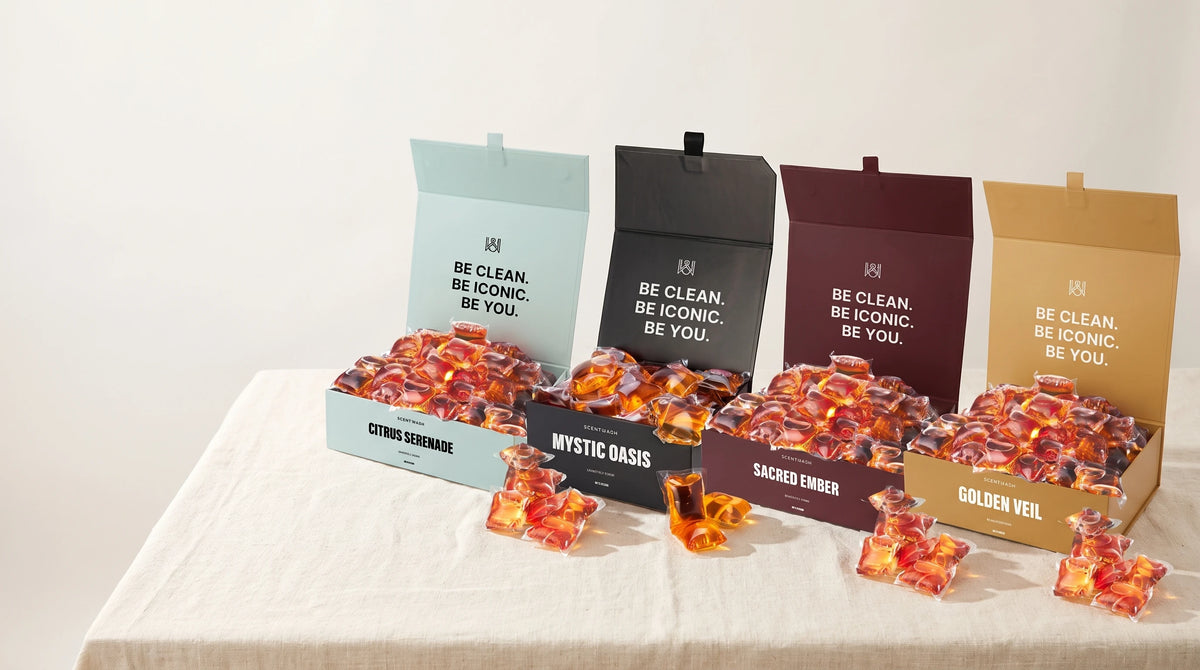 The four Scent Wash fragrance boxes on white marble, headline space on the left