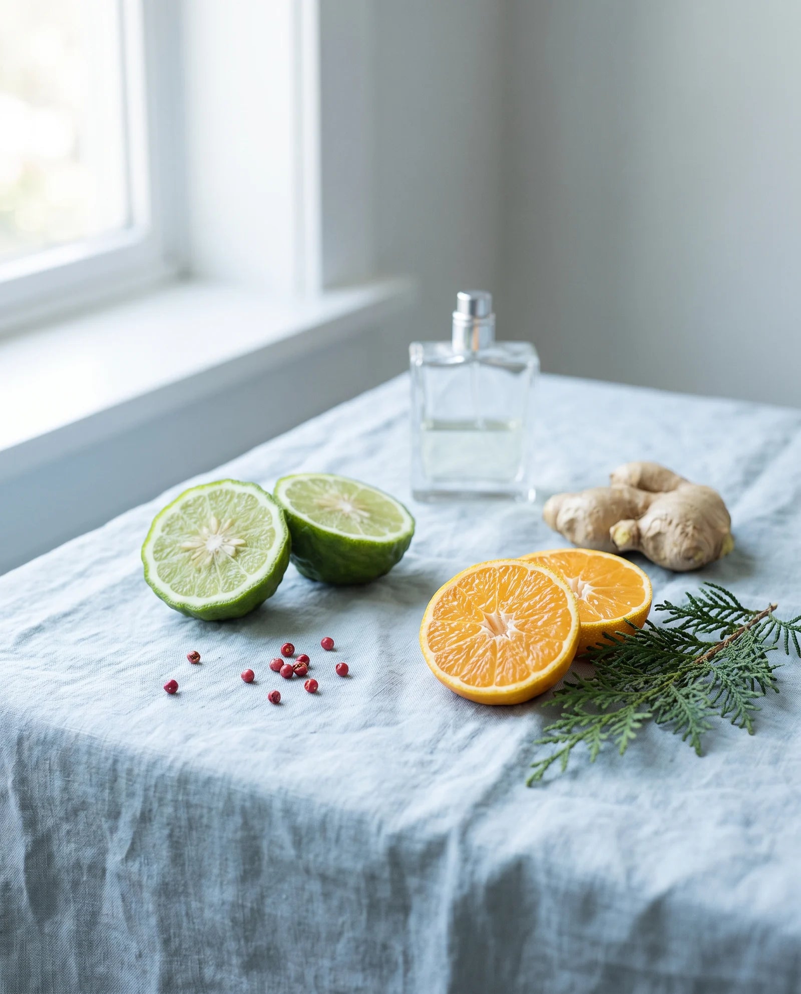 Citrus Serenade notes: bergamot, mandarin, ginger, pink peppercorn and cypress on blue linen