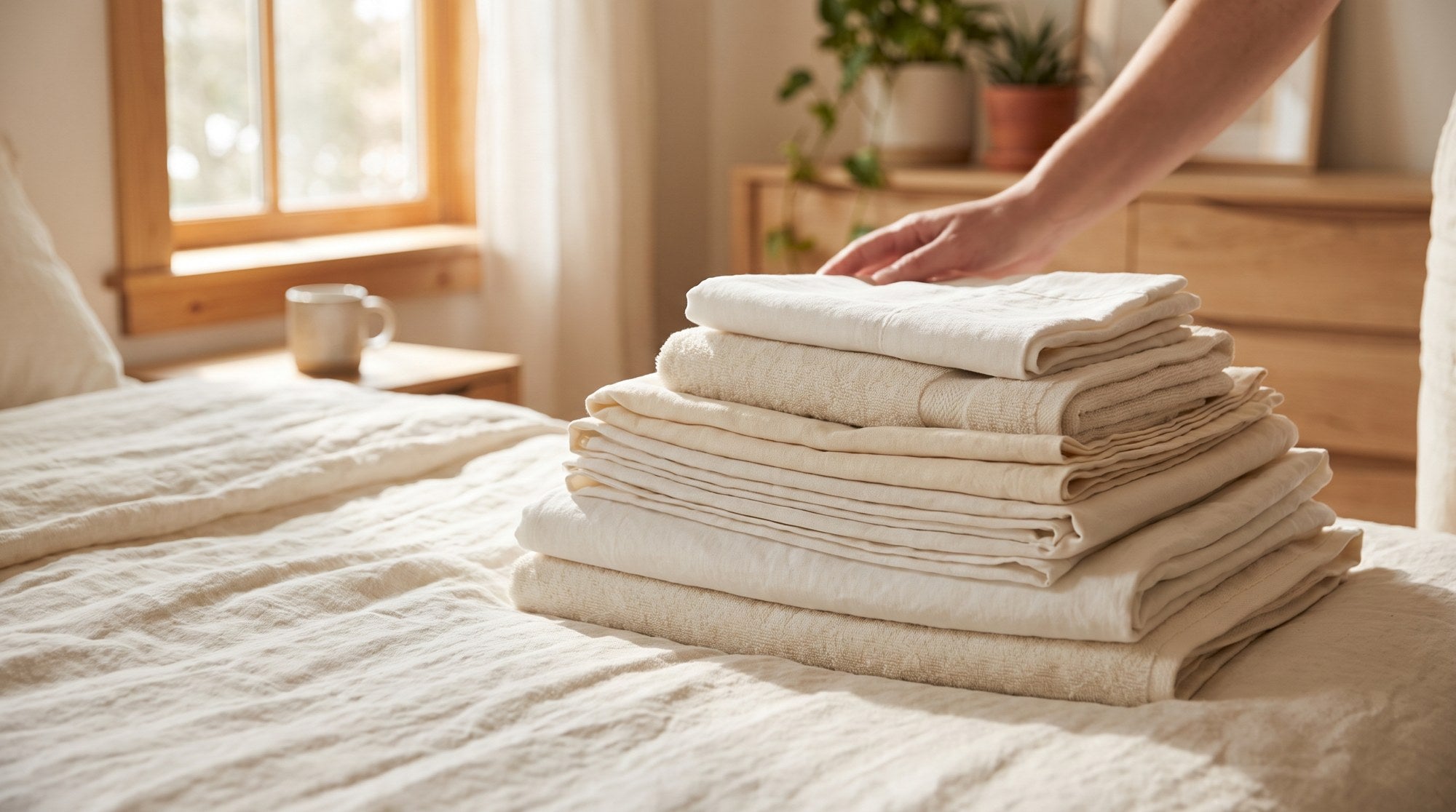 Folded linens in morning light