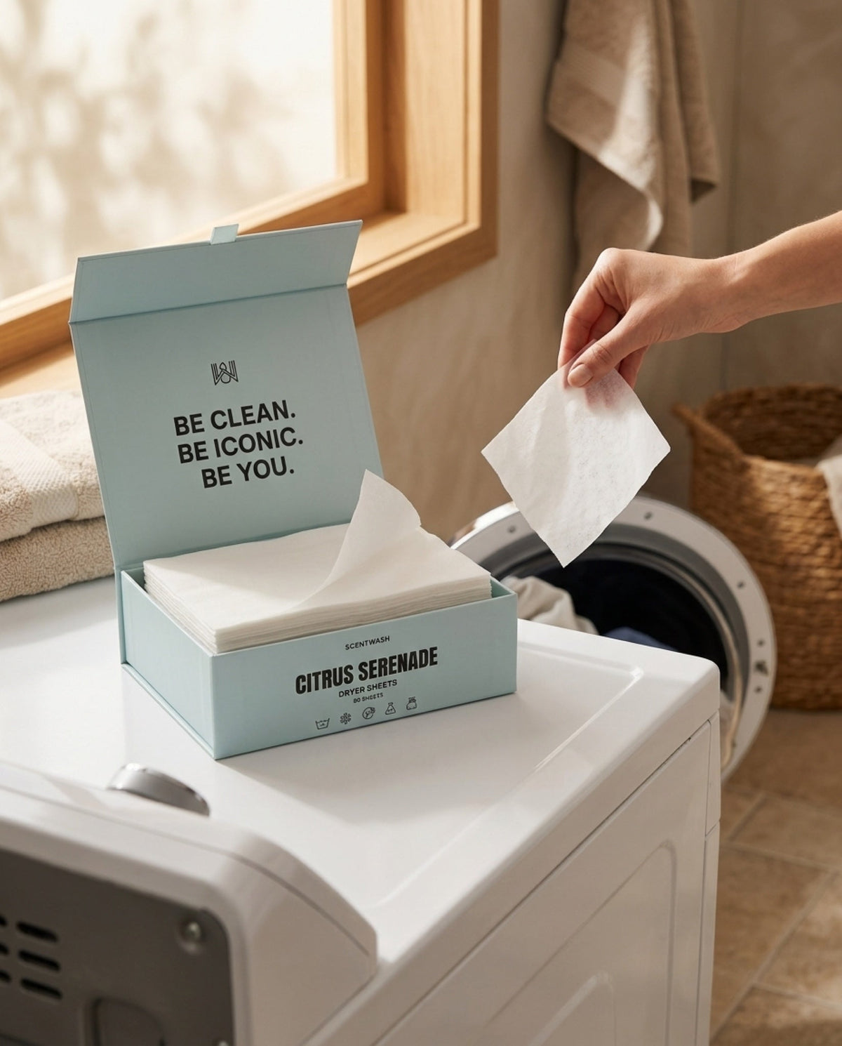 Dropping a Citrus Serenade dryer sheet into the dryer drum