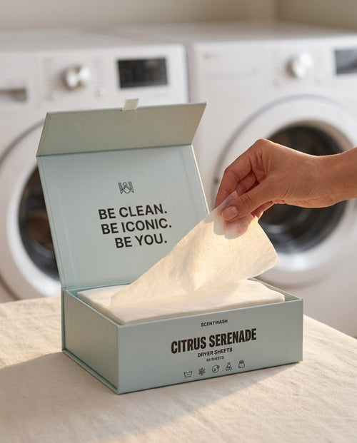 A hand lifting a Citrus Serenade dryer sheet from the open box in a laundry room