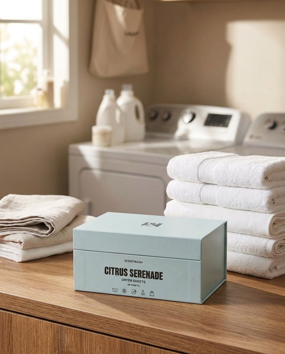 Citrus Serenade dryer sheets box beside a stack of folded white towels