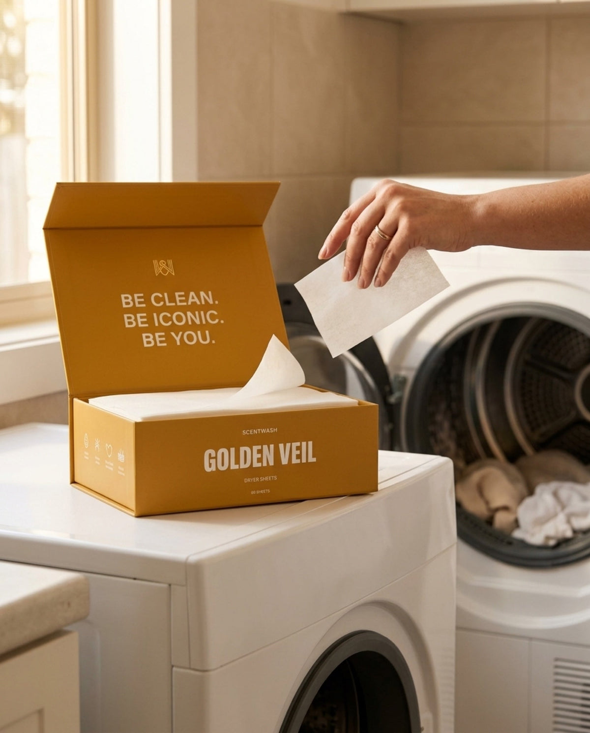 Dropping a Golden Veil dryer sheet into the dryer drum