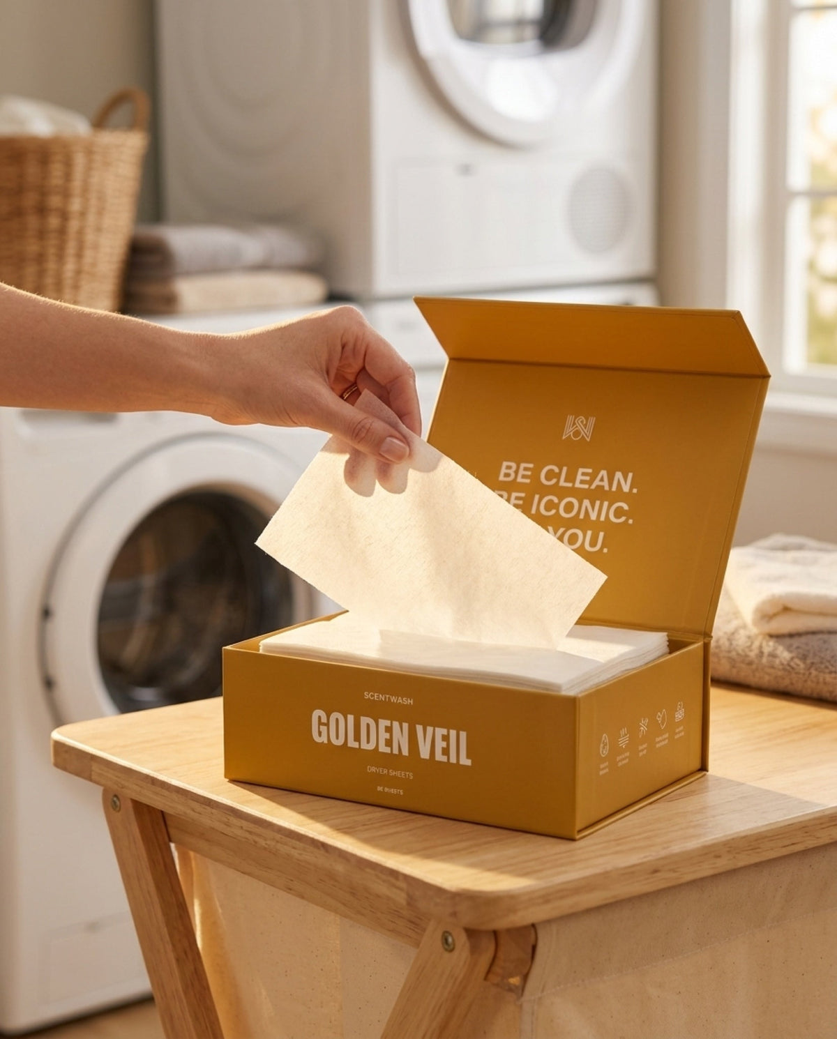 A hand lifting a Golden Veil dryer sheet from the open box in a laundry room