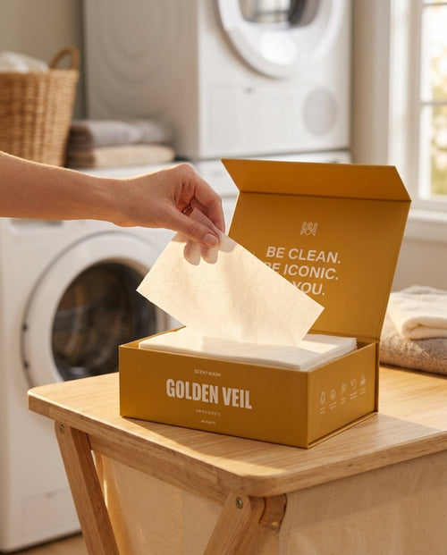 A hand lifting a Golden Veil dryer sheet from the open box in a laundry room