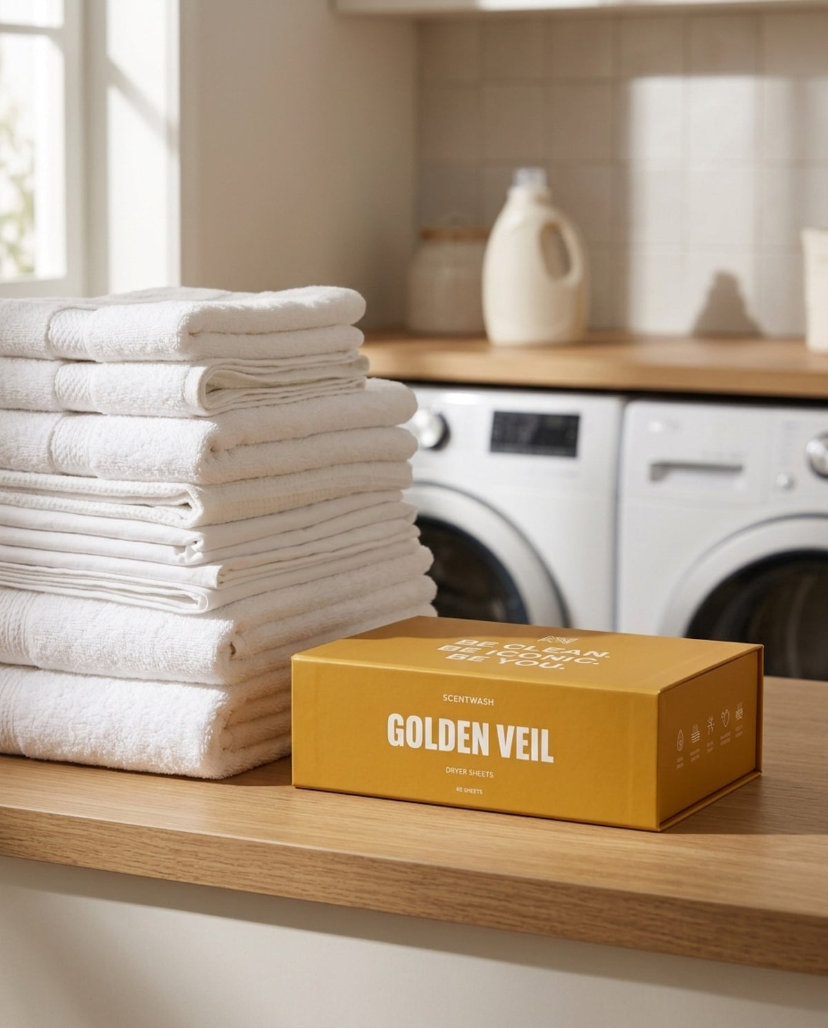 Golden Veil dryer sheets box beside a stack of folded white towels