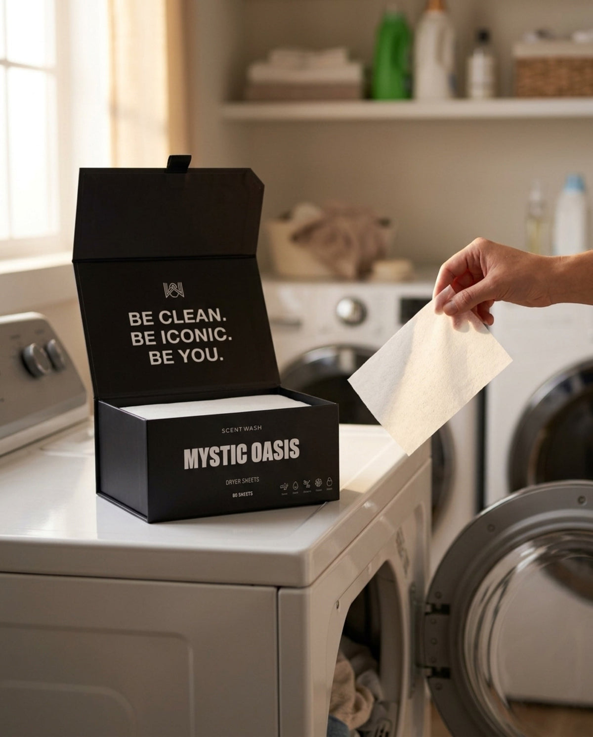 Dropping a Mystic Oasis dryer sheet into the dryer drum