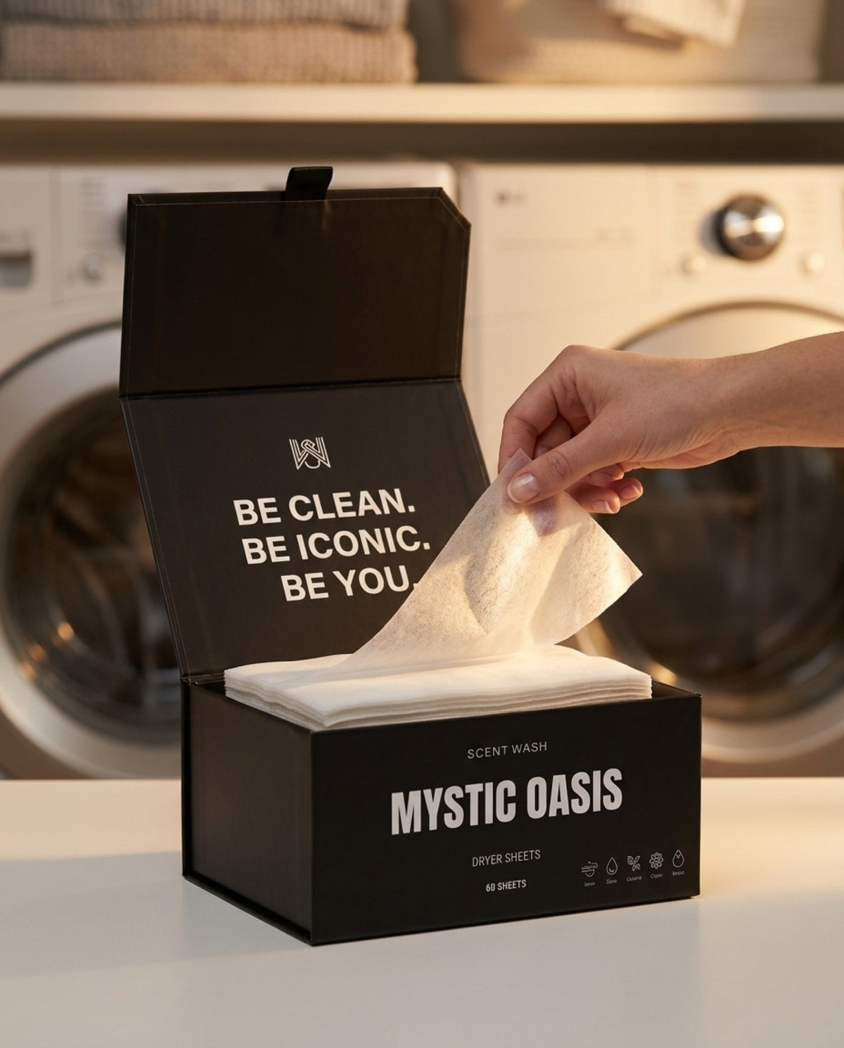 A hand lifting a Mystic Oasis dryer sheet from the open box in a laundry room