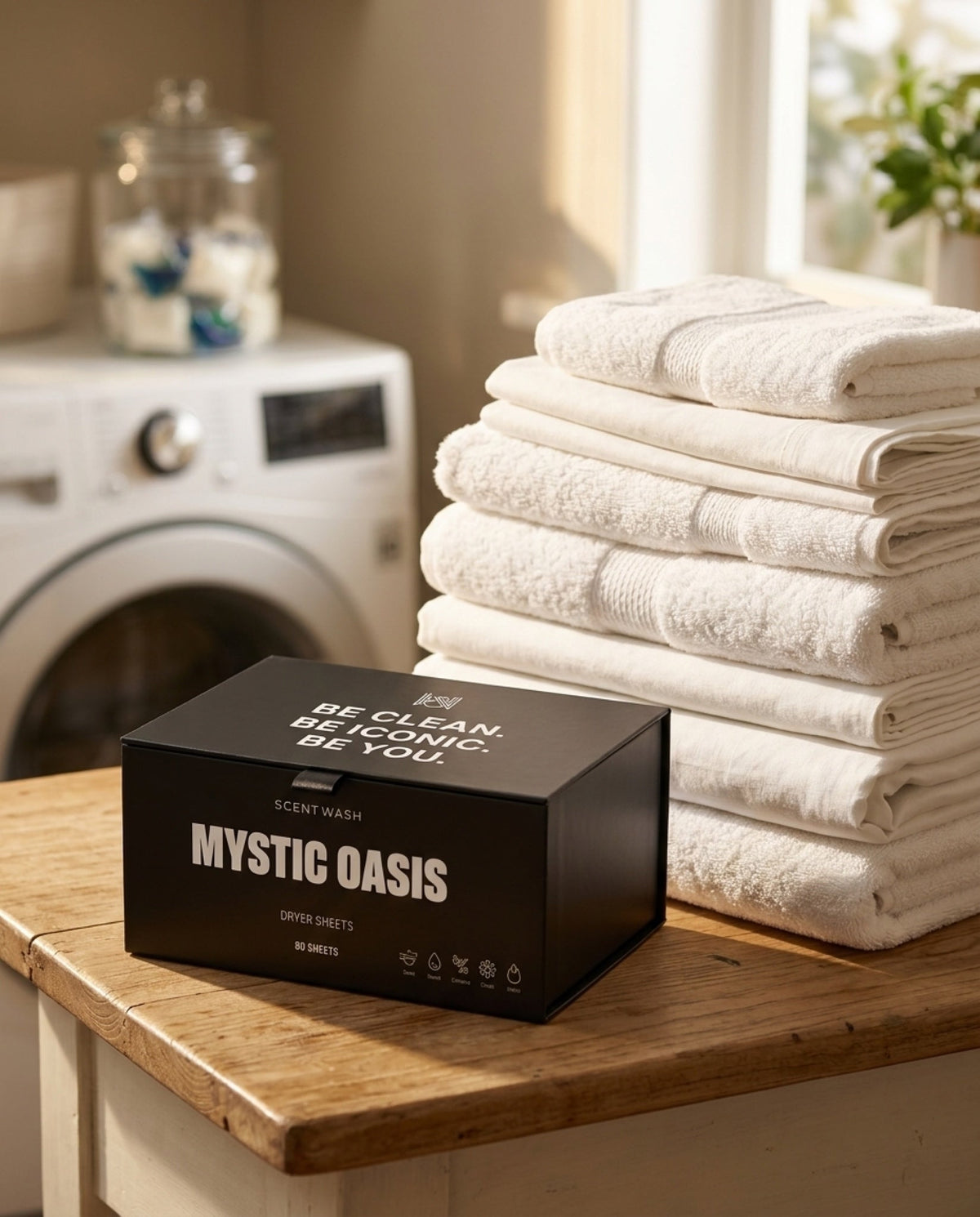 Mystic Oasis dryer sheets box beside a stack of folded white towels