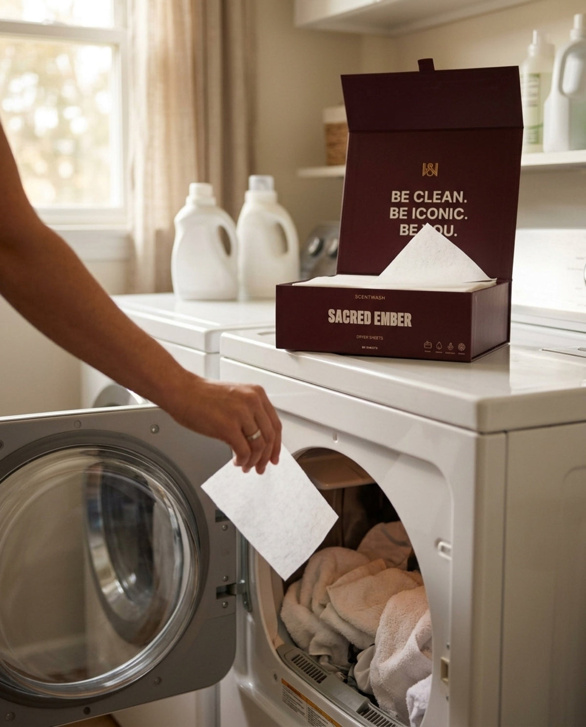 Dropping a Sacred Ember dryer sheet into the dryer drum