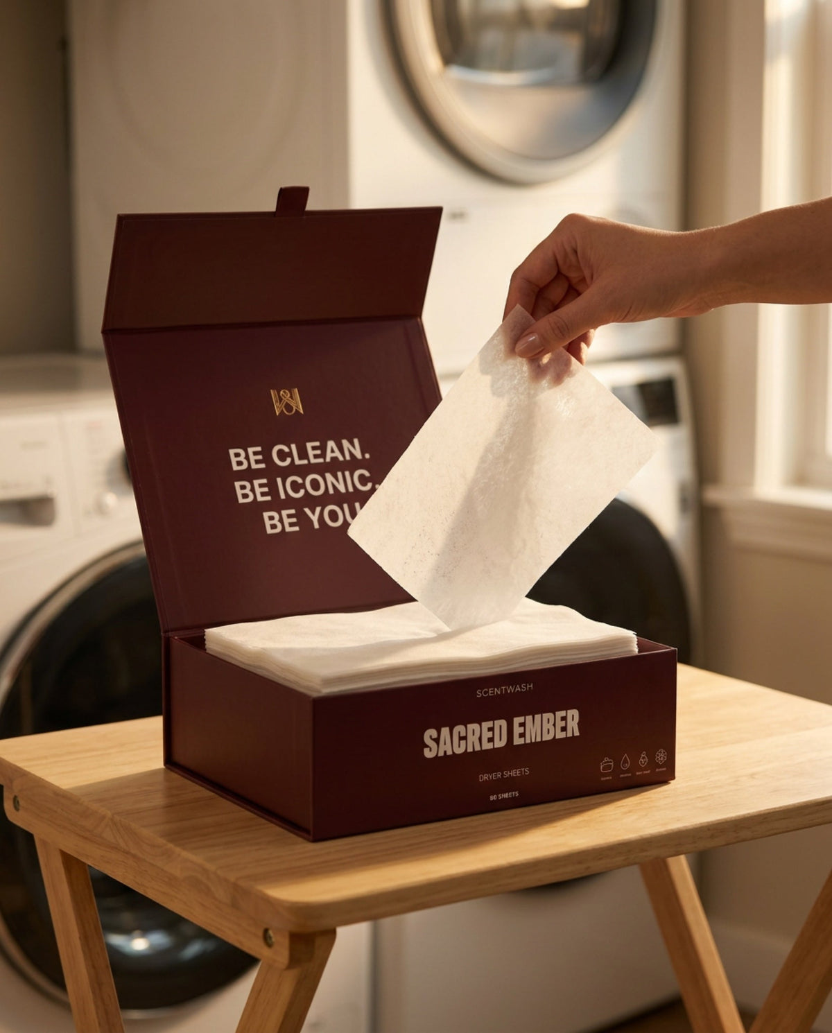 A hand lifting a Sacred Ember dryer sheet from the open box in a laundry room