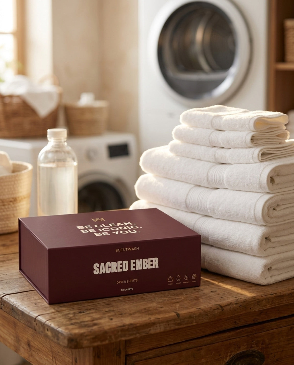 Sacred Ember dryer sheets box beside a stack of folded white towels